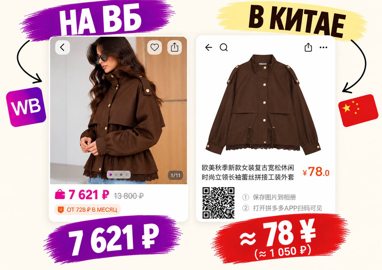 Коричневая куртка с кружевом: На Wildberries — 7 621 ₽; В Китае · 78 ¥ — ≈1 050 ₽. Цены на предоставленном изображении.