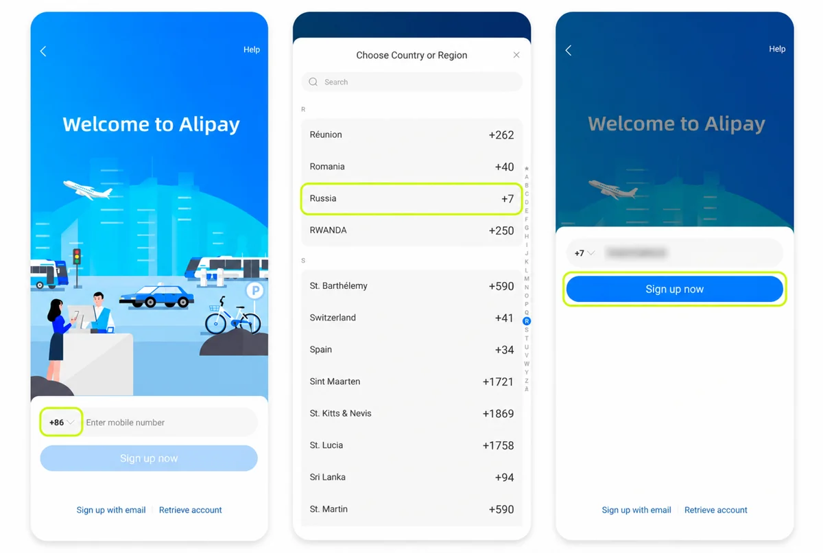 Экраны Alipay: выбор телефонного кода страны, Russia +7 и поле номера телефона