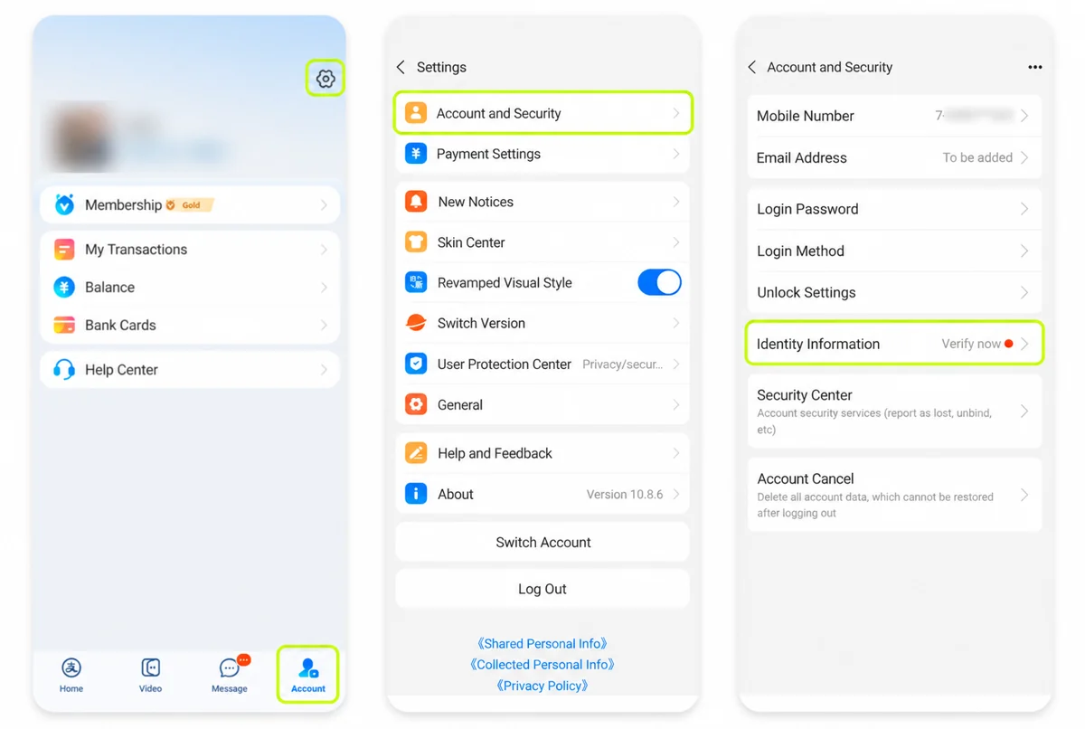 Экраны Alipay: профиль Account, настройки Account and Security и раздел Identity Information